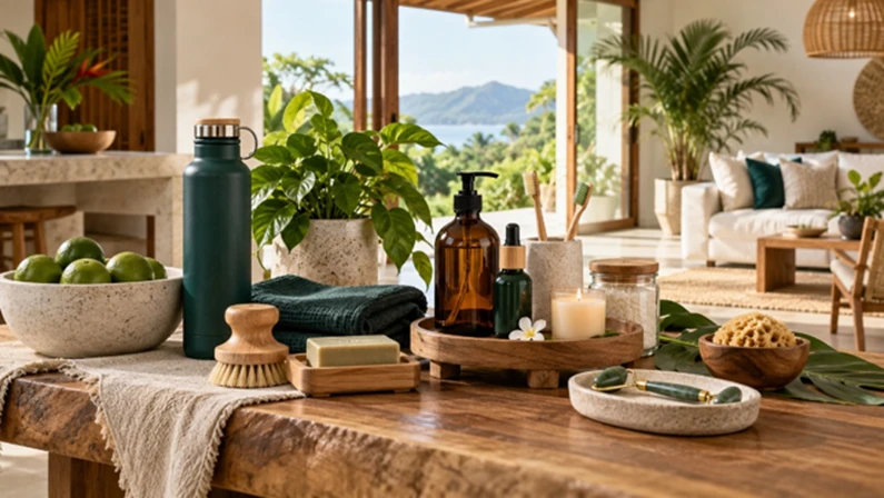 Productos ecológicos sobre una mesa de madera